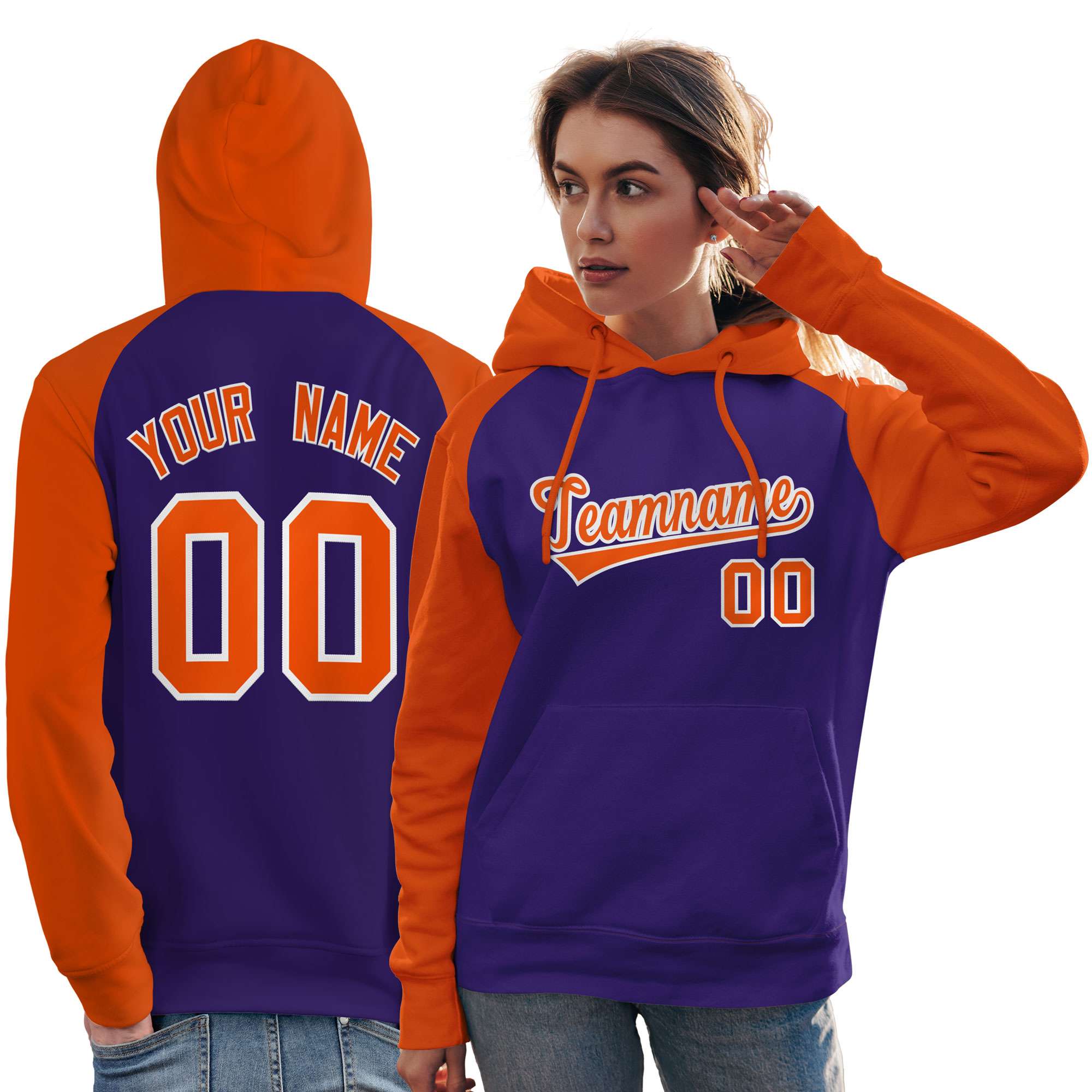 Custom Stitched Purple Orange Raglan Sleeves Sports Pullover Sweatshirt Hoodie For Women