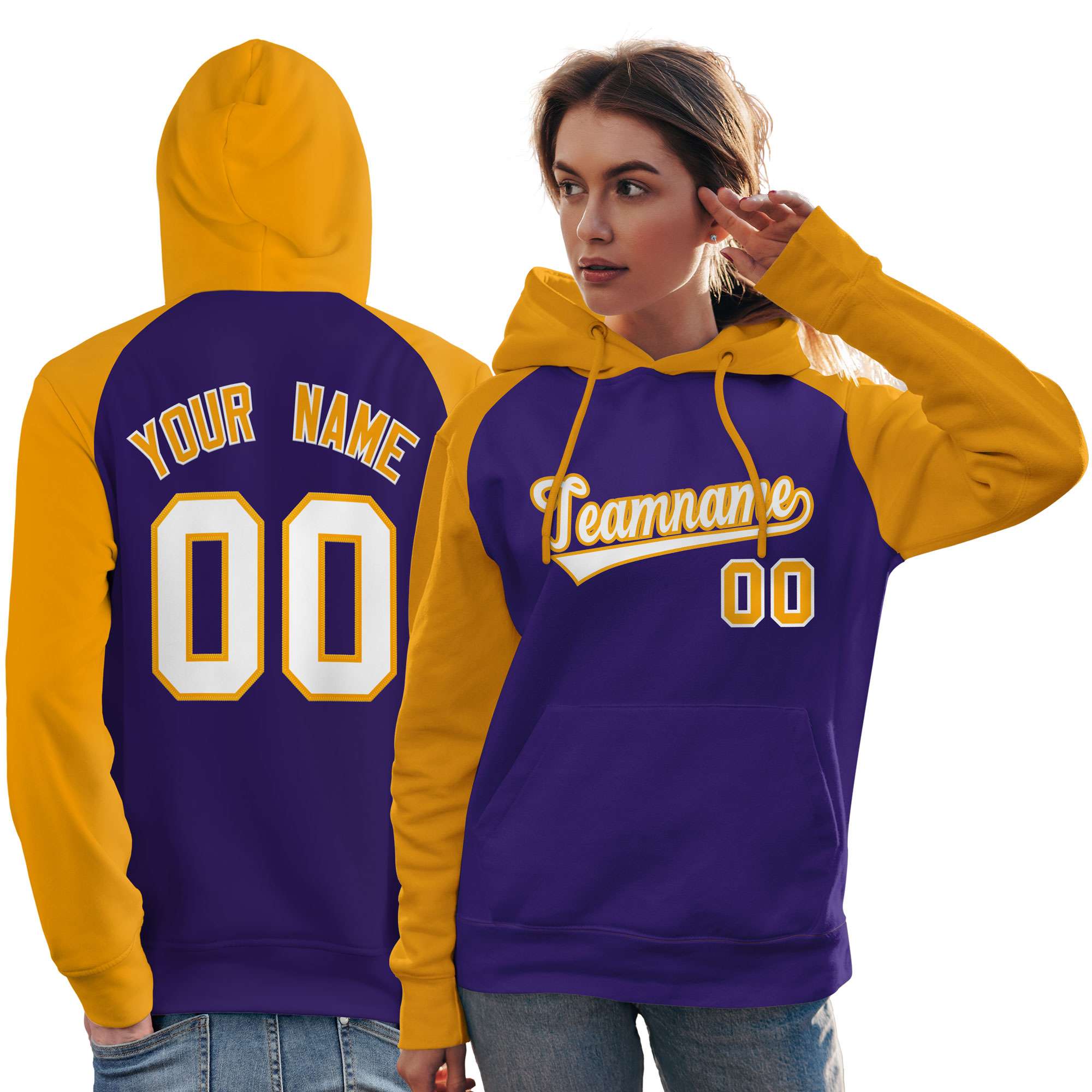 Custom Stitched Purple Gold-White Raglan Sleeves Sports Pullover Sweatshirt Hoodie For Women