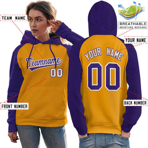 Custom Stitched Gold Purple Raglan Sleeves Sports Pullover Sweatshirt Hoodie For Women