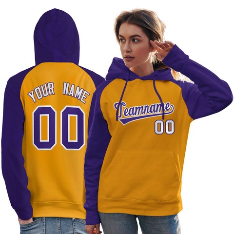 Custom Stitched Gold Purple Raglan Sleeves Sports Pullover Sweatshirt Hoodie For Women