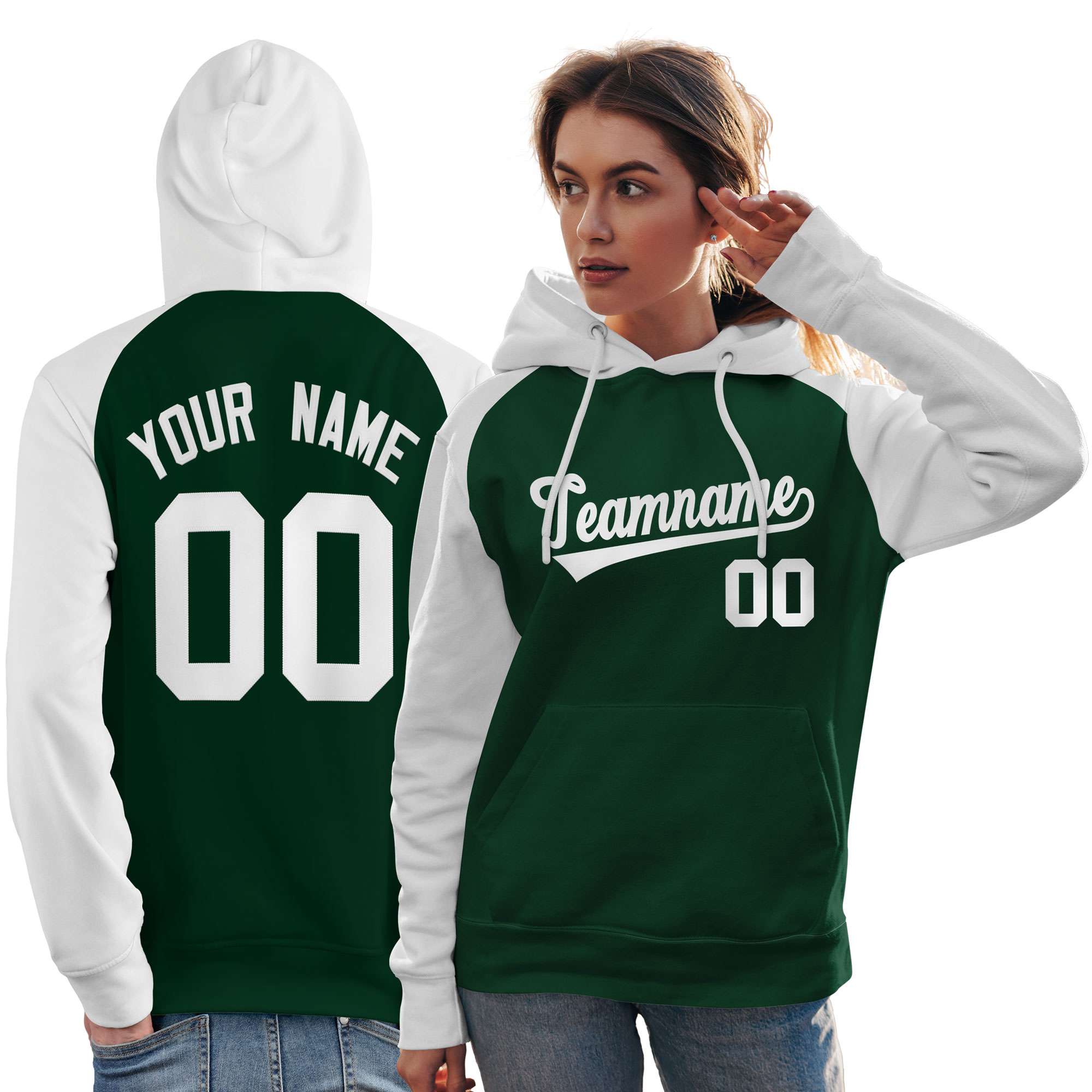 Custom Stitched Green White Raglan Sleeves Sports Pullover Sweatshirt Hoodie For Women