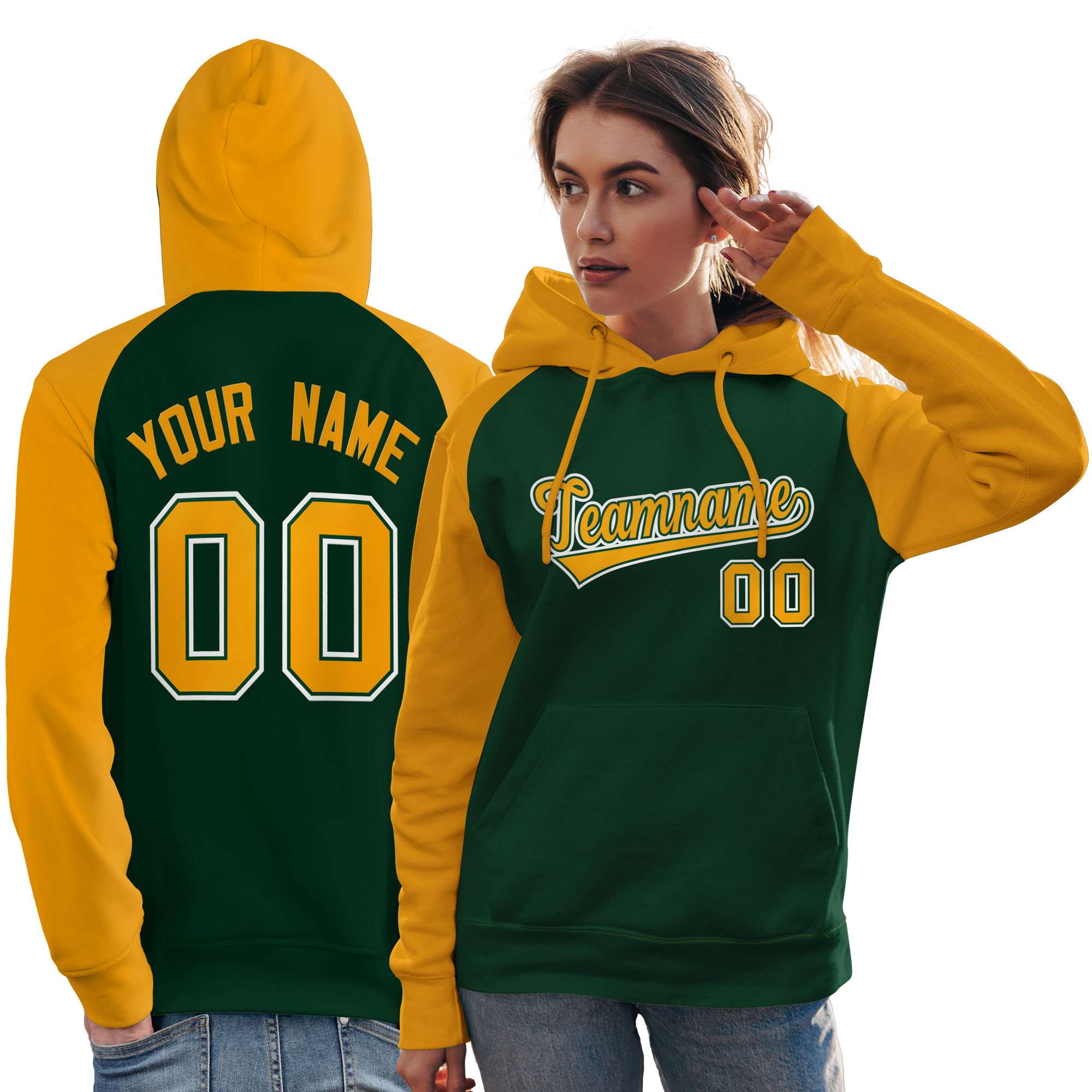 Custom Stitched Green Gold Raglan Sleeves Sports Pullover Sweatshirt Hoodie For Women