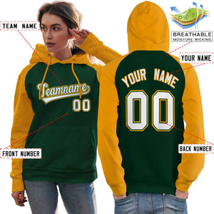 Custom Stitched Green Gold-White Raglan Sleeves Sports Pullover Sweatshirt Hoodie For Women