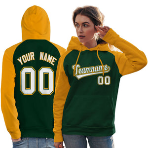 Custom Stitched Green Gold-White Raglan Sleeves Sports Pullover Sweatshirt Hoodie For Women