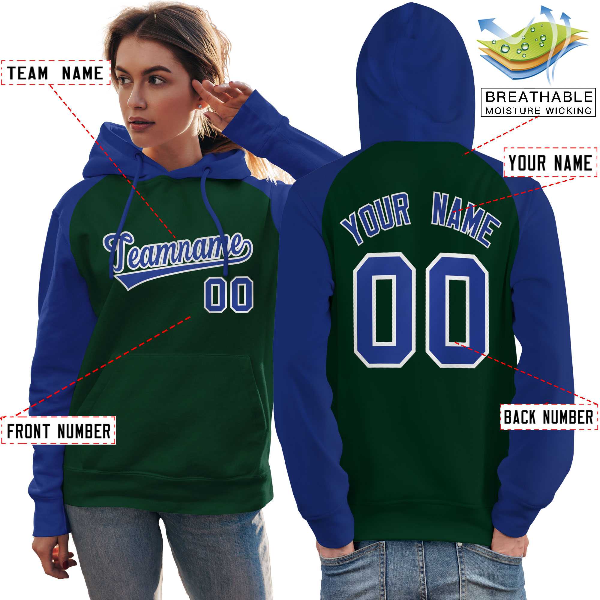 Custom Stitched Green Royal Raglan Sleeves Sports Pullover Sweatshirt Hoodie For Women