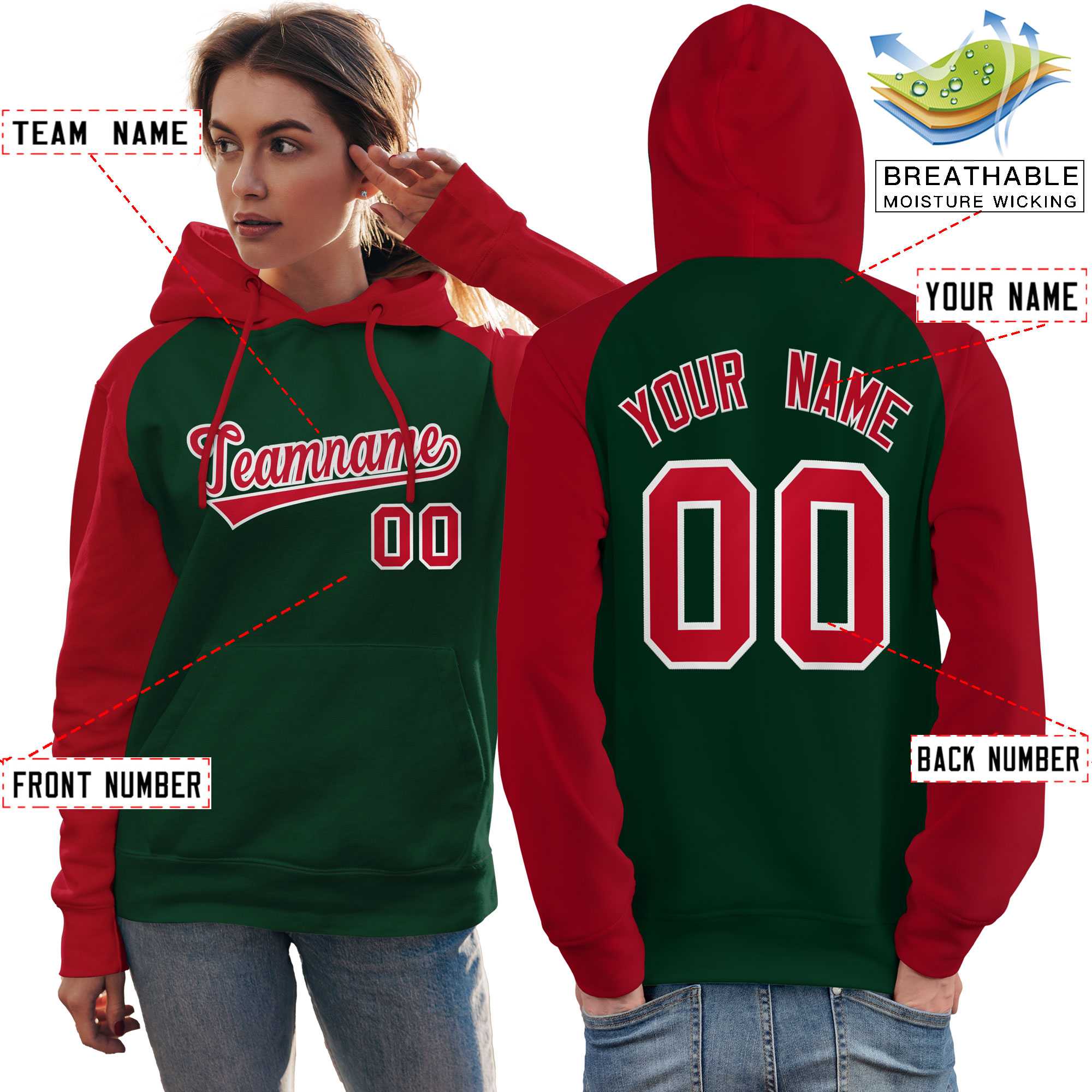 Custom Stitched Green Red Raglan Sleeves Sports Pullover Sweatshirt Hoodie For Women