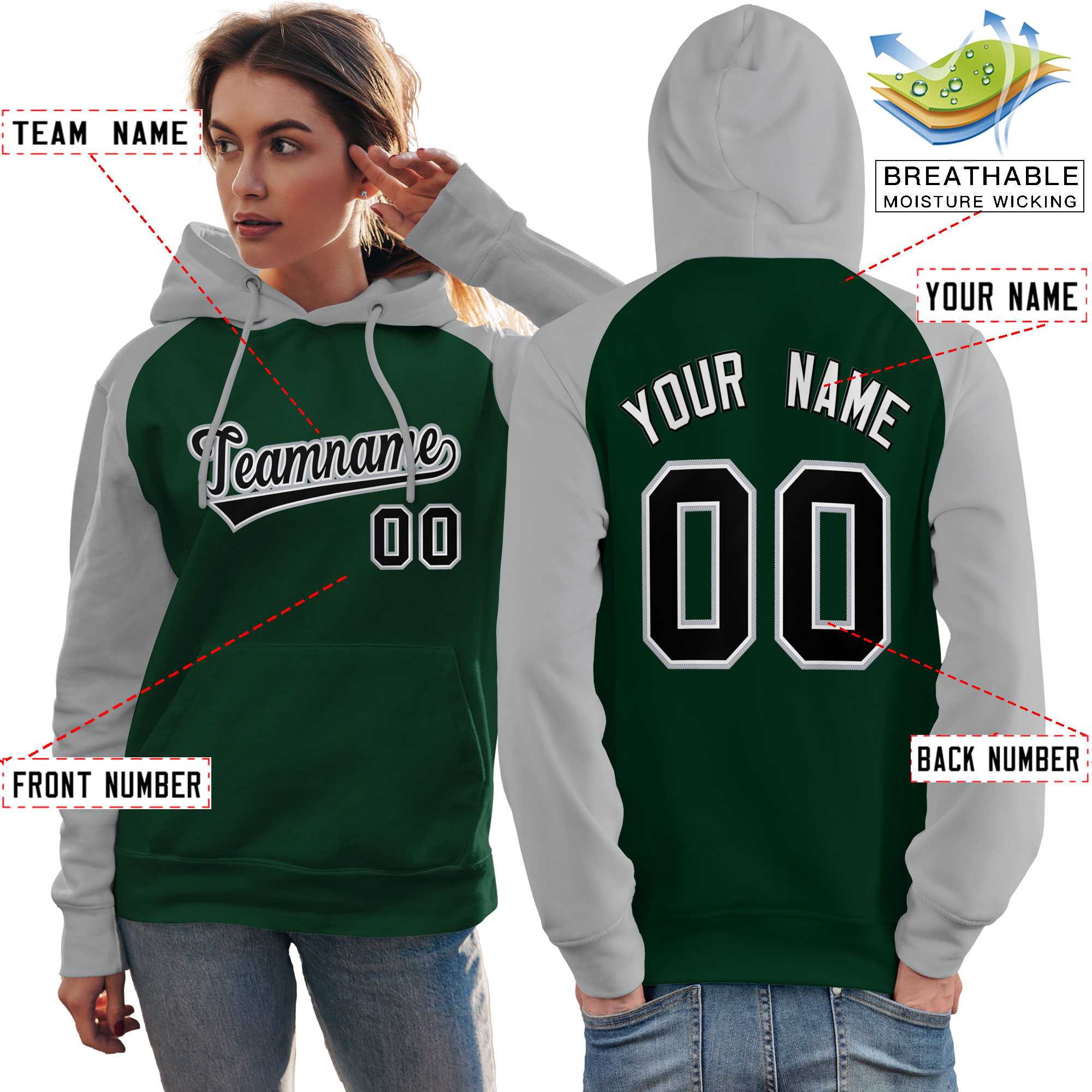 Custom Stitched Green Gray-Black Raglan Sleeves Sports Pullover Sweatshirt Hoodie For Women