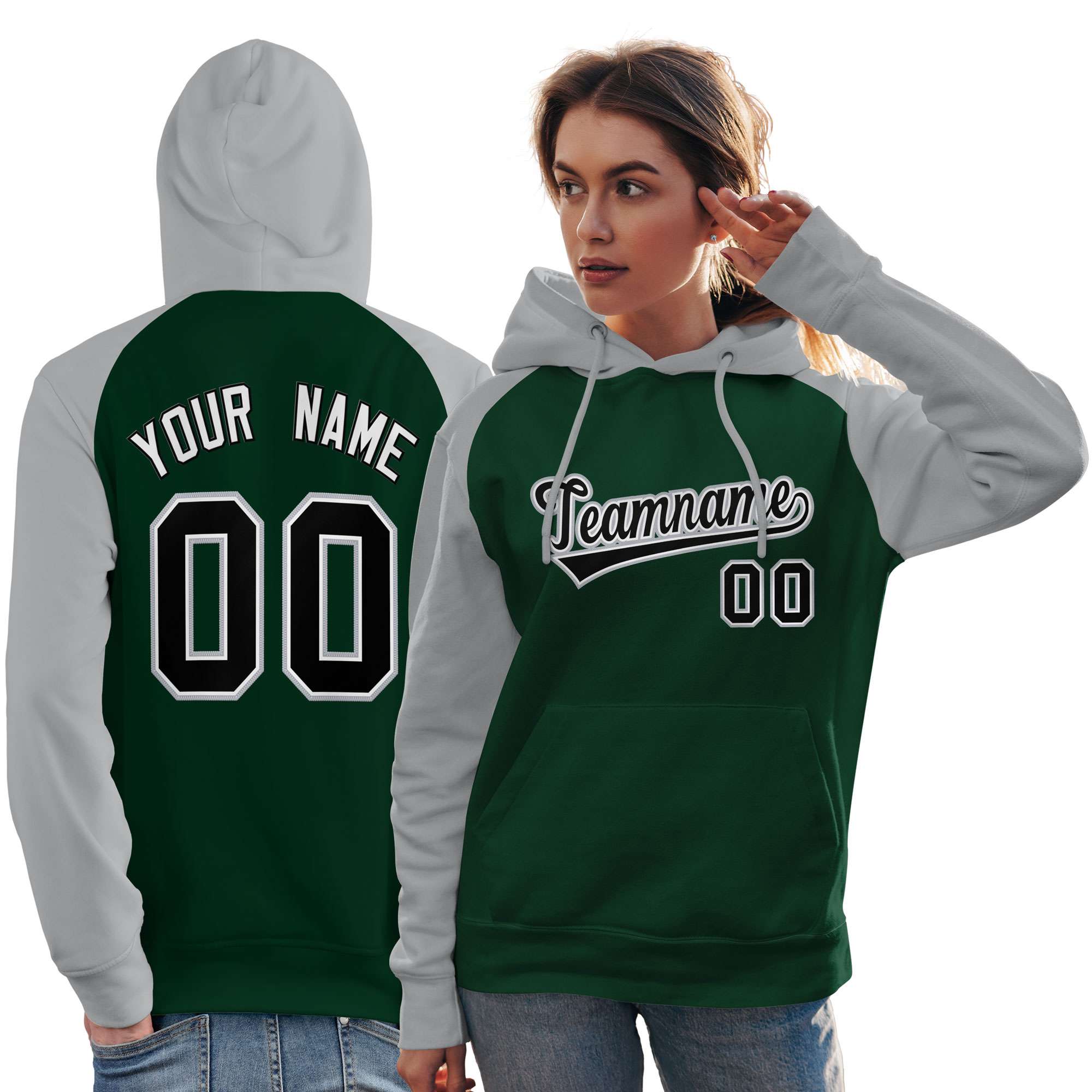 Custom Stitched Green Gray-Black Raglan Sleeves Sports Pullover Sweatshirt Hoodie For Women