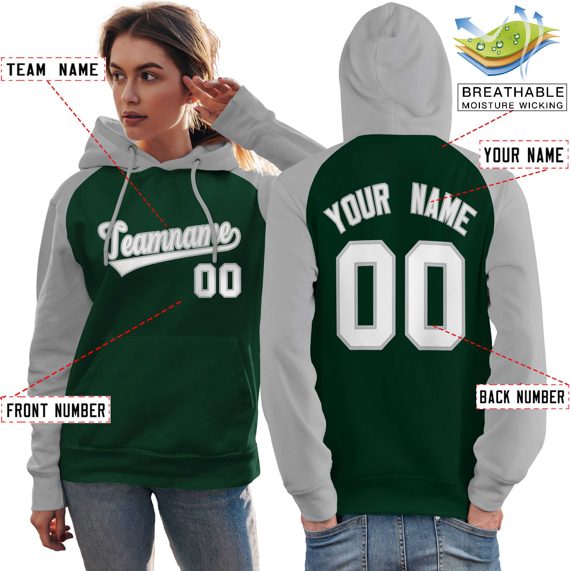 Custom Stitched Green Gray-White Raglan Sleeves Sports Pullover Sweatshirt Hoodie For Women