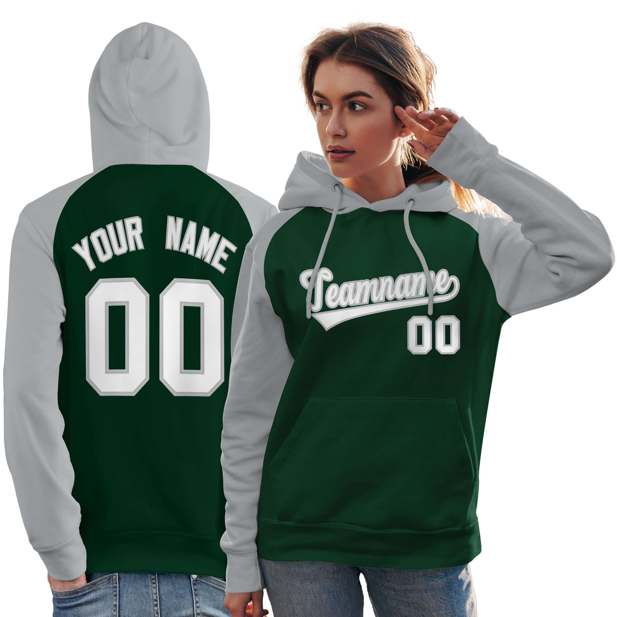 Custom Stitched Green Gray-White Raglan Sleeves Sports Pullover Sweatshirt Hoodie For Women