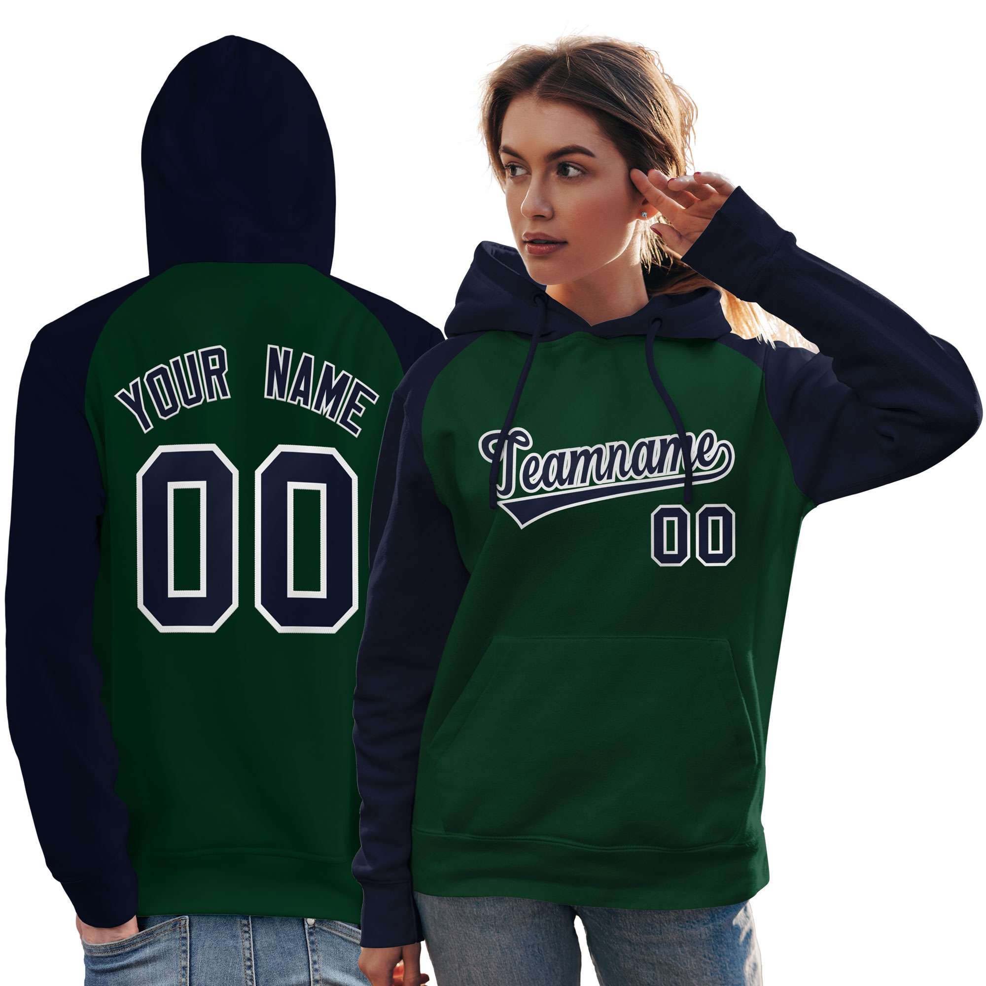 Custom Stitched Green Navy Raglan Sleeves Sports Pullover Sweatshirt Hoodie For Women