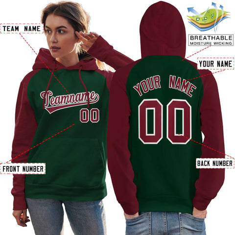 Custom Stitched Green Crimson Raglan Sleeves Sports Pullover Sweatshirt Hoodie For Women