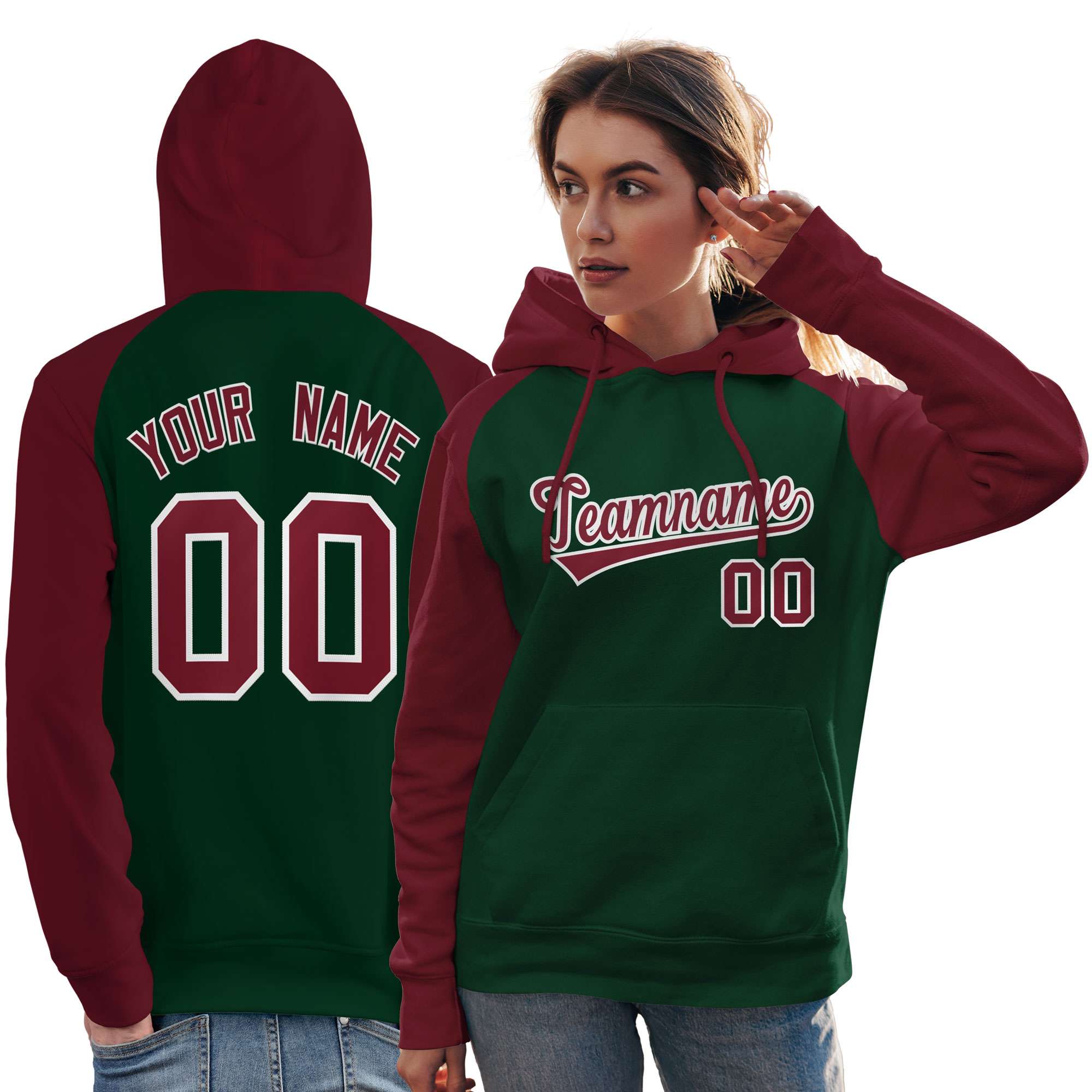 Custom Stitched Green Crimson Raglan Sleeves Sports Pullover Sweatshirt Hoodie For Women