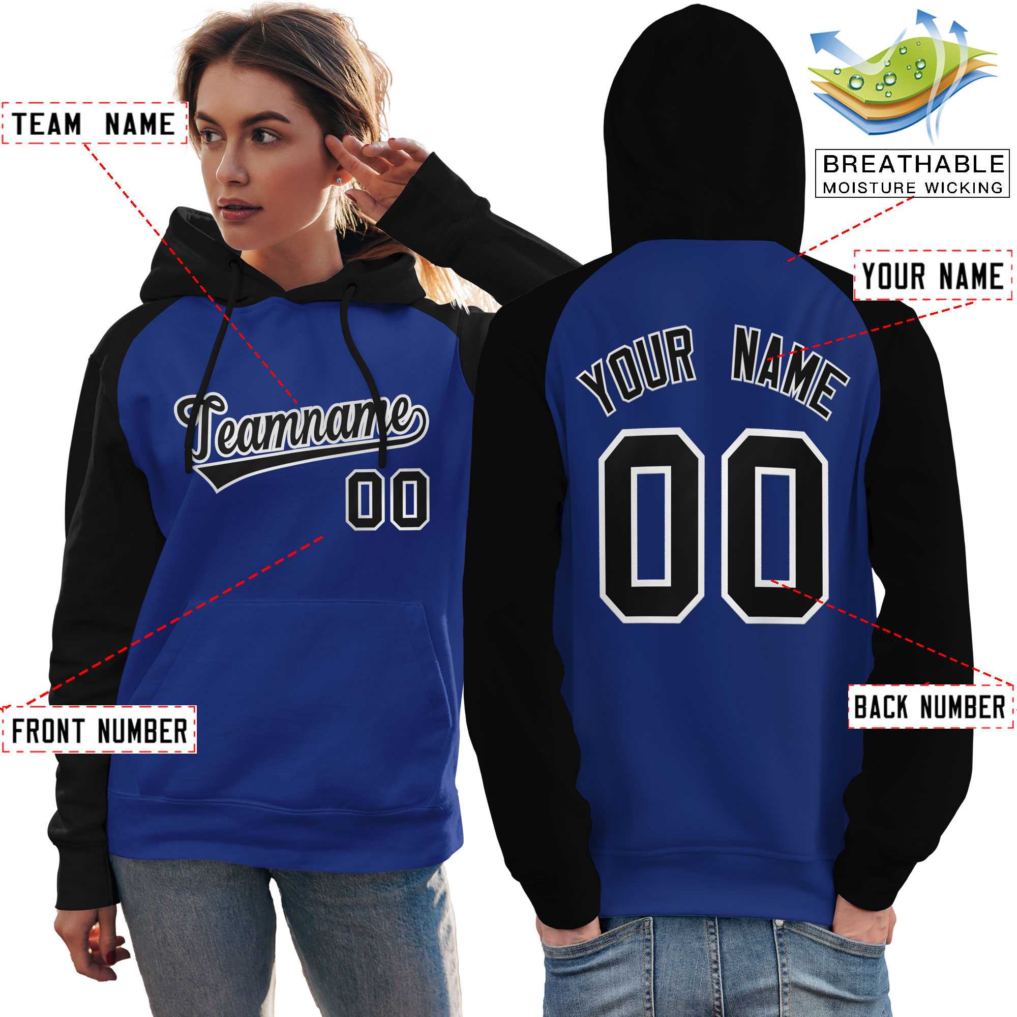 Custom Stitched Royal Black Raglan Sleeves Sports Pullover Sweatshirt Hoodie For Women