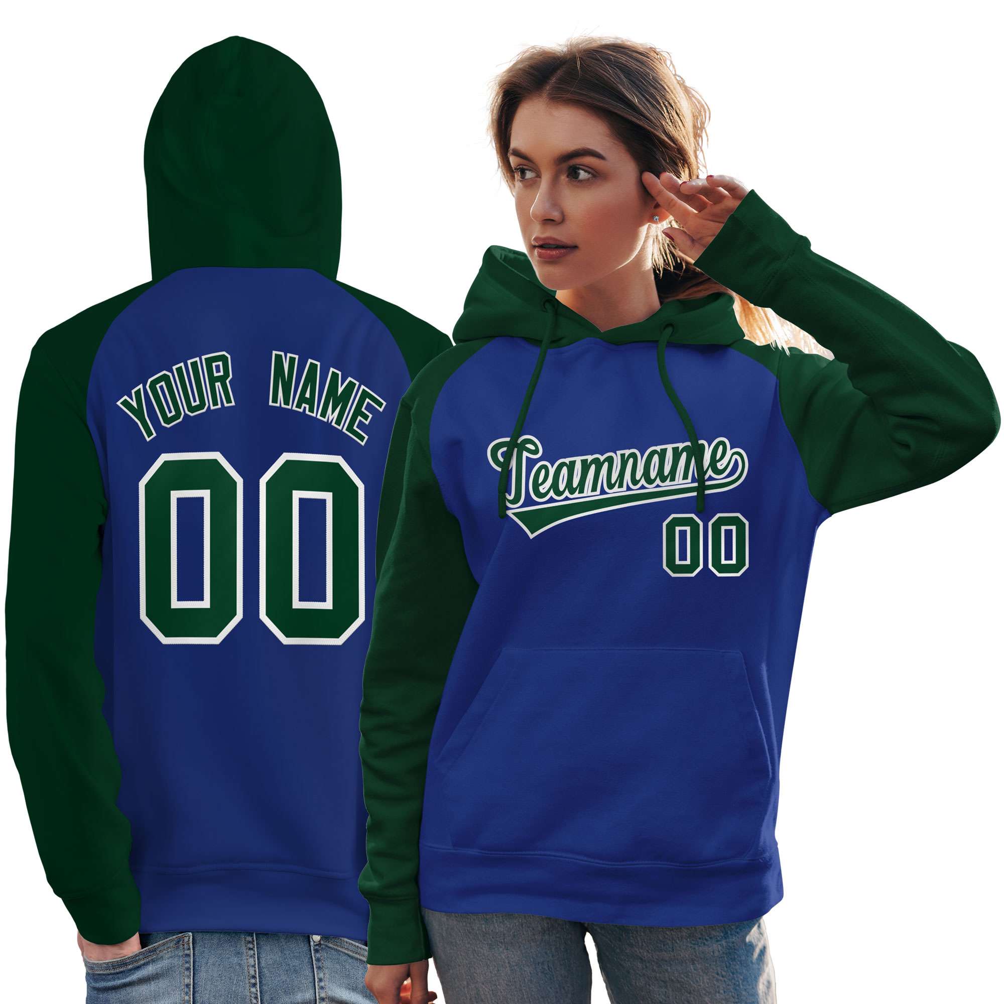 Custom Stitched Royal Green Raglan Sleeves Sports Pullover Sweatshirt Hoodie For Women