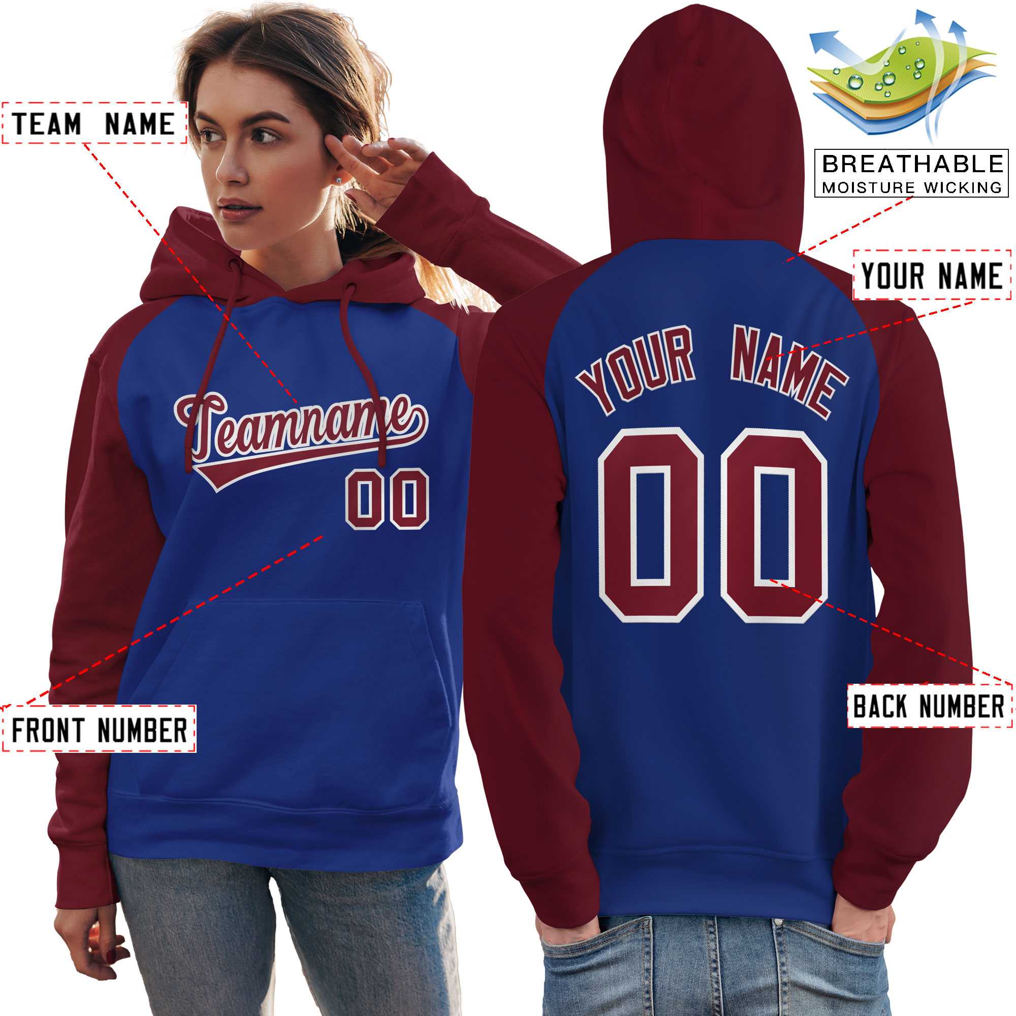 Custom Stitched Royal Crimson Raglan Sleeves Sports Pullover Sweatshirt Hoodie For Women