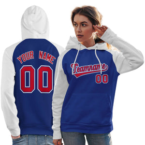 Custom Stitched Royal White-Red Raglan Sleeves Sports Pullover Sweatshirt Hoodie For Women