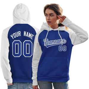 Custom Stitched Royal White Raglan Sleeves Sports Pullover Sweatshirt Hoodie For Women