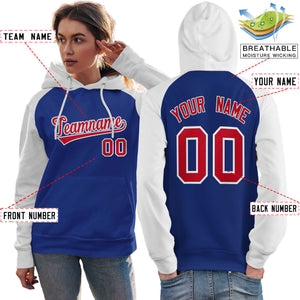 Custom Stitched Royal White-Red Raglan Sleeves Sports Pullover Sweatshirt Hoodie For Women