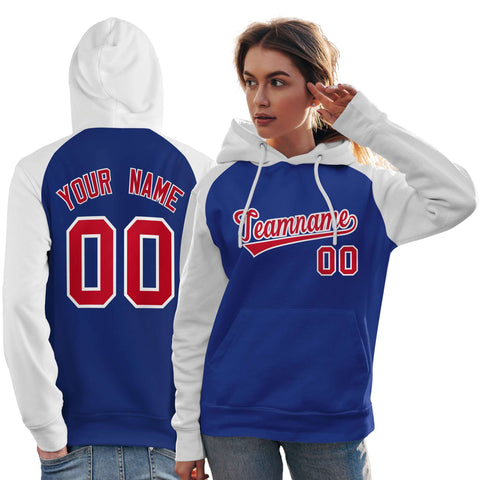 Custom Stitched Royal White-Red Raglan Sleeves Sports Pullover Sweatshirt Hoodie For Women