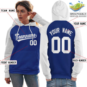 Custom Stitched Royal White Raglan Sleeves Sports Pullover Sweatshirt Hoodie For Women