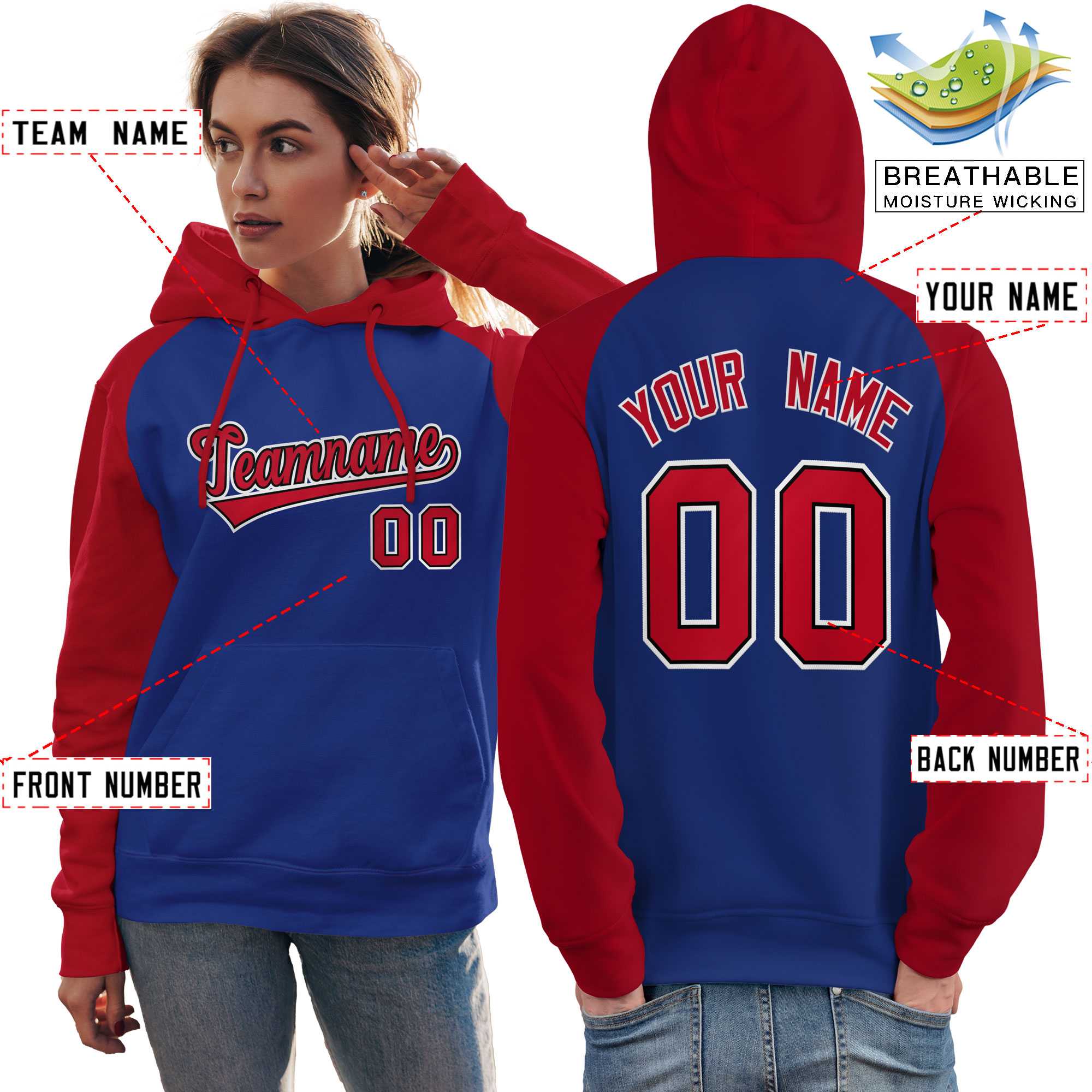 Custom Stitched Royal Red Raglan Sleeves Sports Pullover Sweatshirt Hoodie For Women