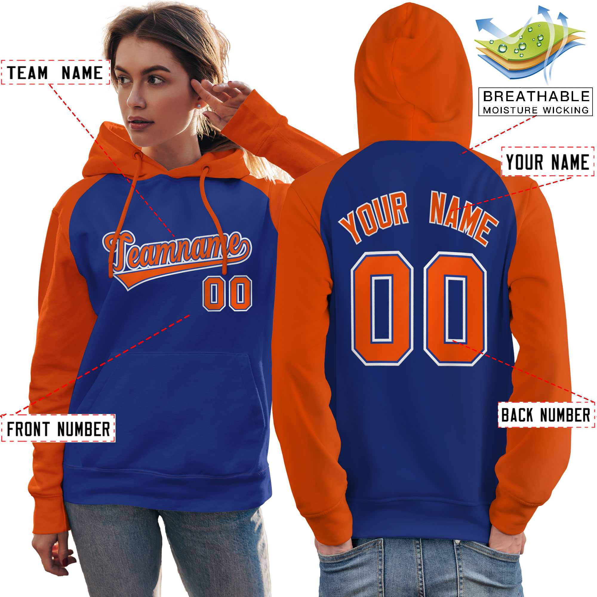 Custom Stitched Royal Orange Raglan Sleeves Sports Pullover Sweatshirt Hoodie For Women