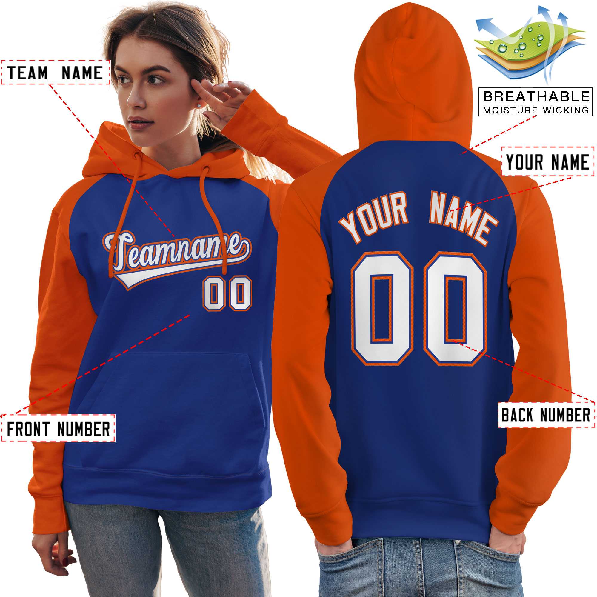 Custom Stitched Royal Orange-White Raglan Sleeves Sports Pullover Sweatshirt Hoodie For Women