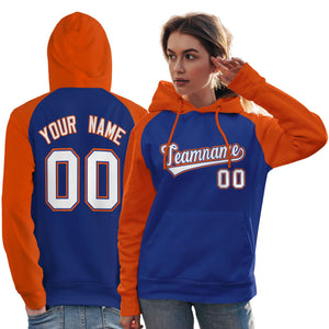 Custom Stitched Royal Orange-White Raglan Sleeves Sports Pullover Sweatshirt Hoodie For Women