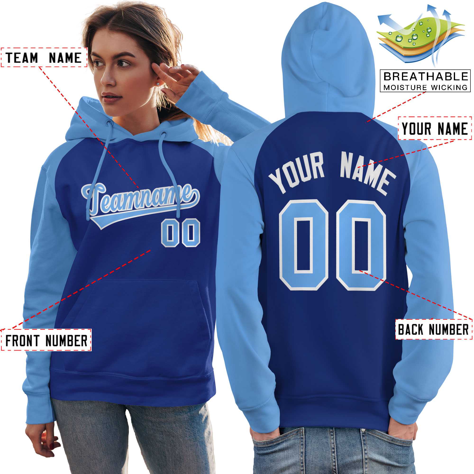 Custom Stitched Royal Powder Blue Raglan Sleeves Sports Pullover Sweatshirt Hoodie For Women