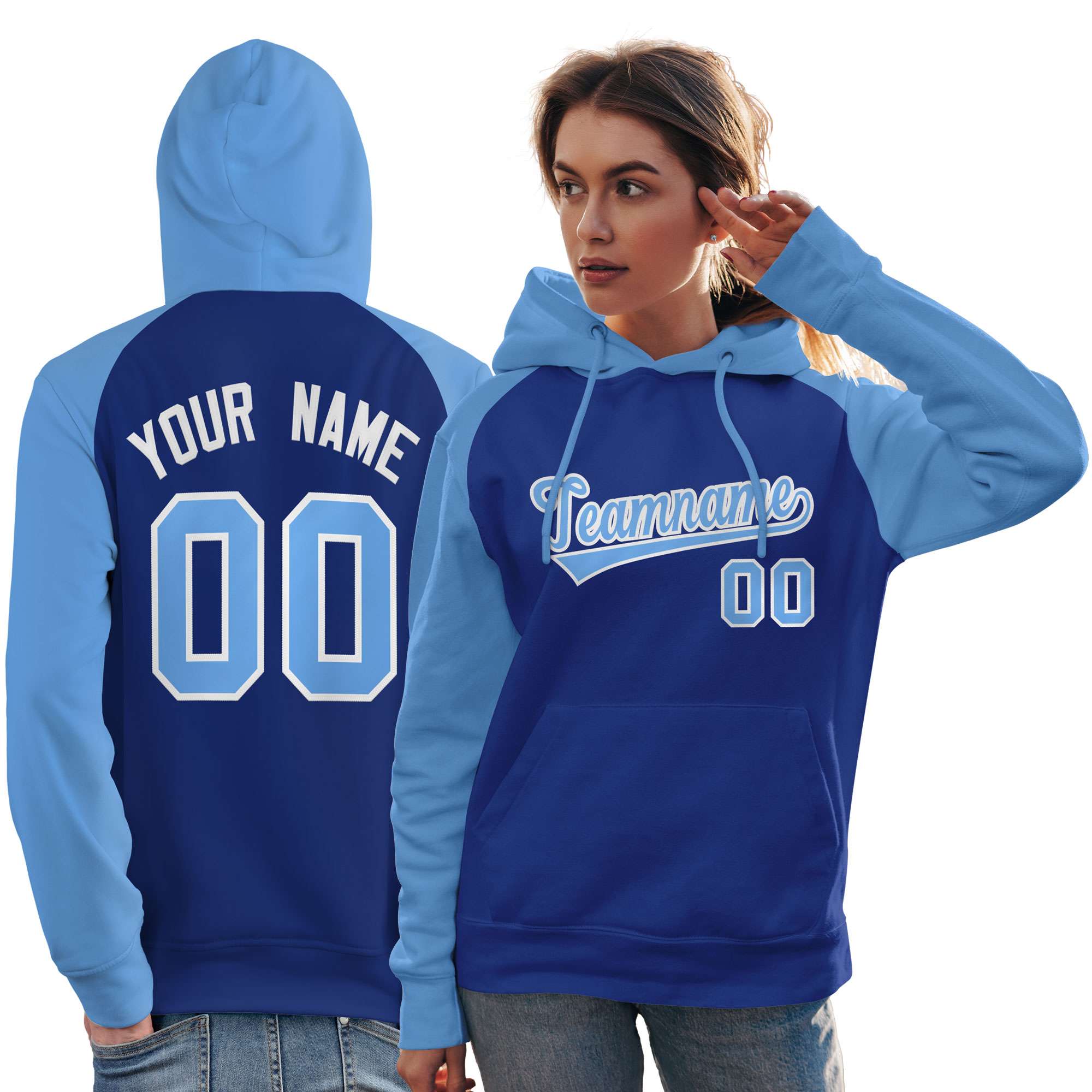 Custom Stitched Royal Powder Blue Raglan Sleeves Sports Pullover Sweatshirt Hoodie For Women