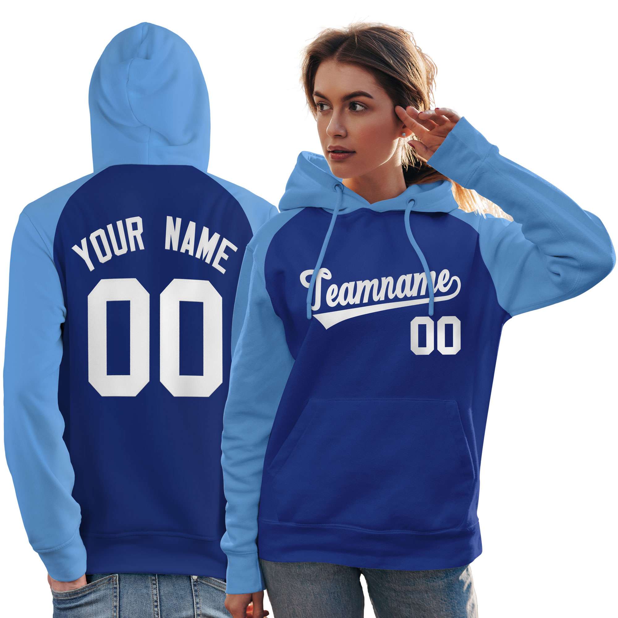 Custom Stitched Royal Powder Blue-White Raglan Sleeves Sports Pullover Sweatshirt Hoodie For Women