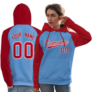 Custom Stitched Powder Blue Red Raglan Sleeves Sports Pullover Sweatshirt Hoodie For Women