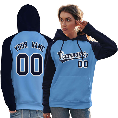 Custom Stitched Powder Blue Navy Raglan Sleeves Sports Pullover Sweatshirt Hoodie For Women