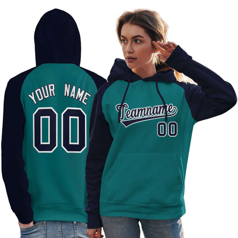 Custom Stitched Aqua Navy Raglan Sleeves Sports Pullover Sweatshirt Hoodie For Women