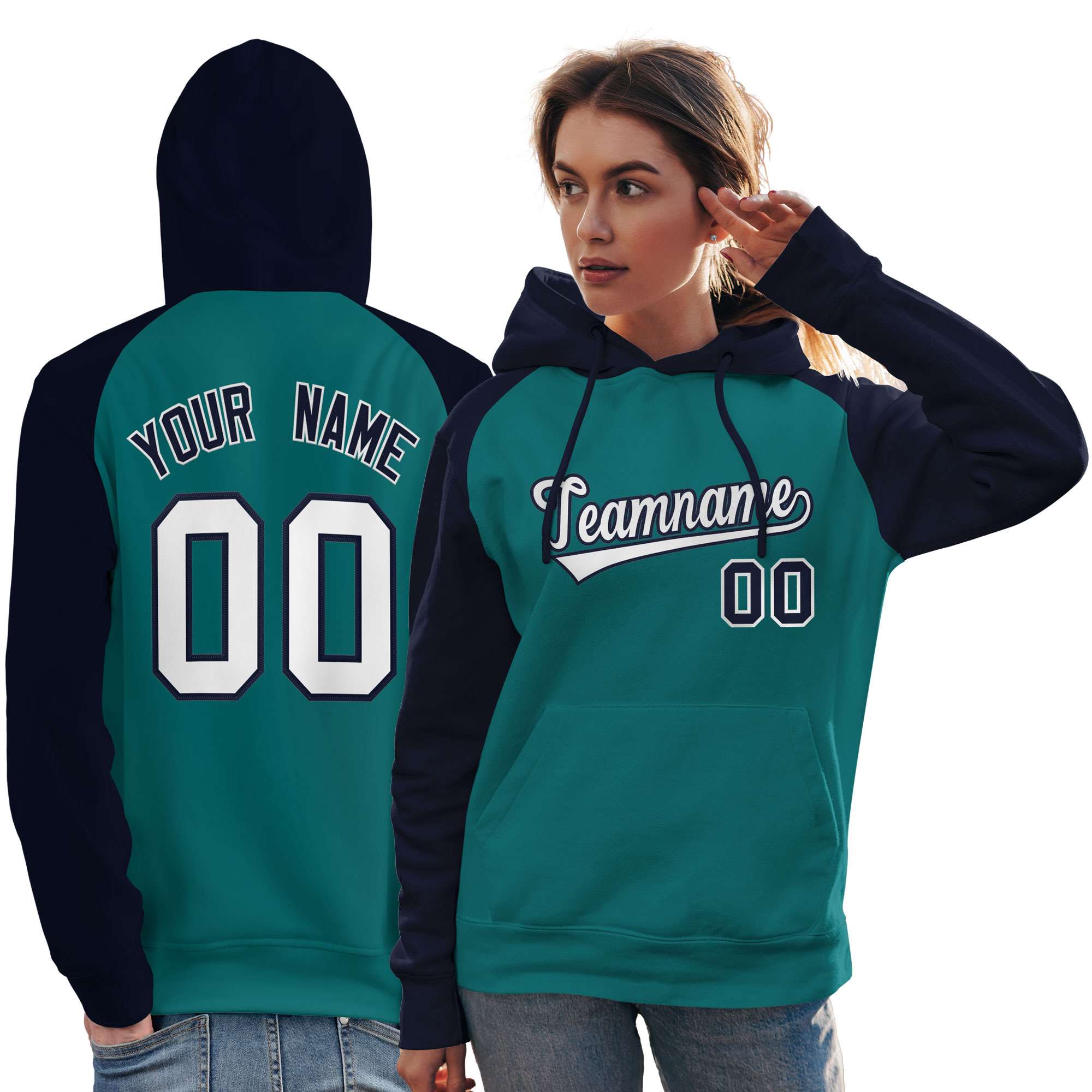 Custom Stitched Aqua Navy-White Raglan Sleeves Sports Pullover Sweatshirt Hoodie For Women