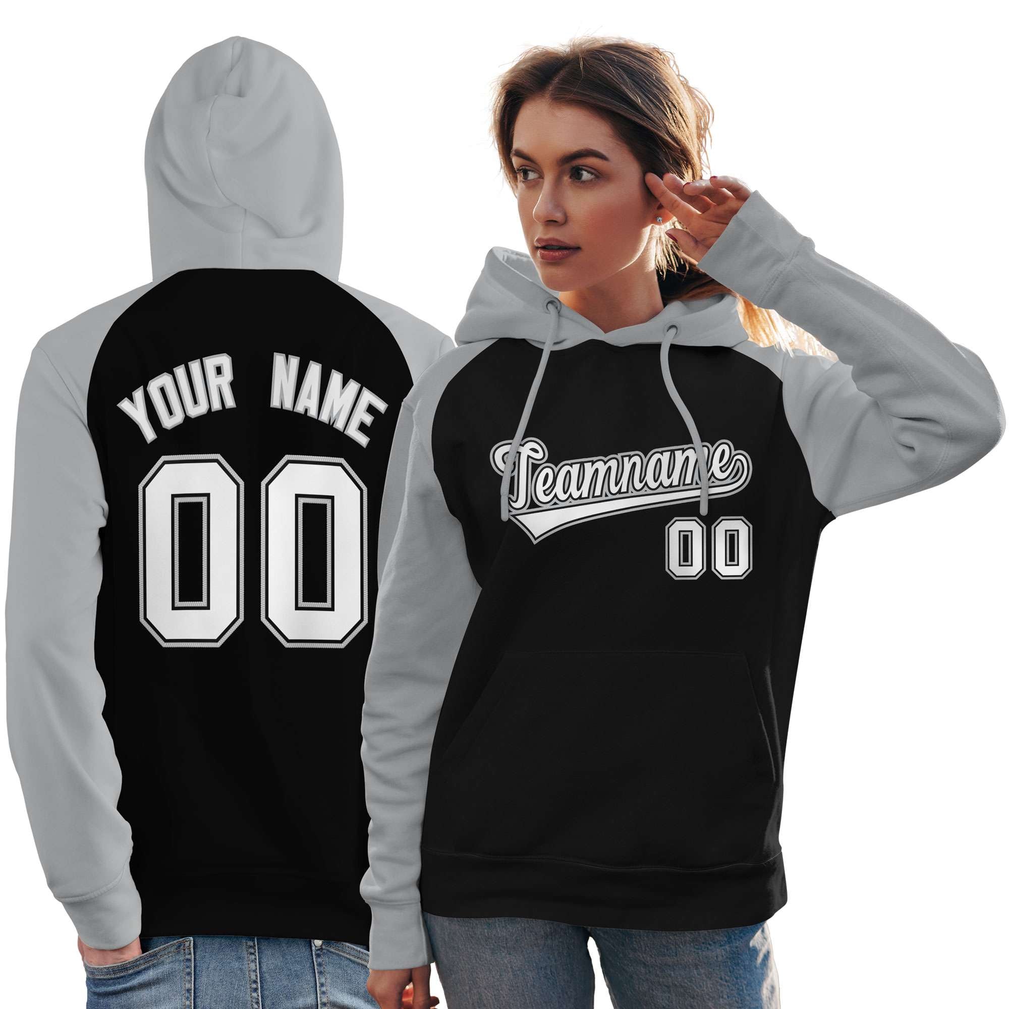 Custom Stitched Black Gray-White Raglan Sleeves Sports Pullover Sweatshirt Hoodie For Women