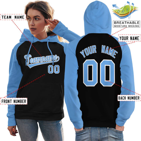 Custom Stitched Black Powder Blue Raglan Sleeves Sports Pullover Sweatshirt Hoodie For Women