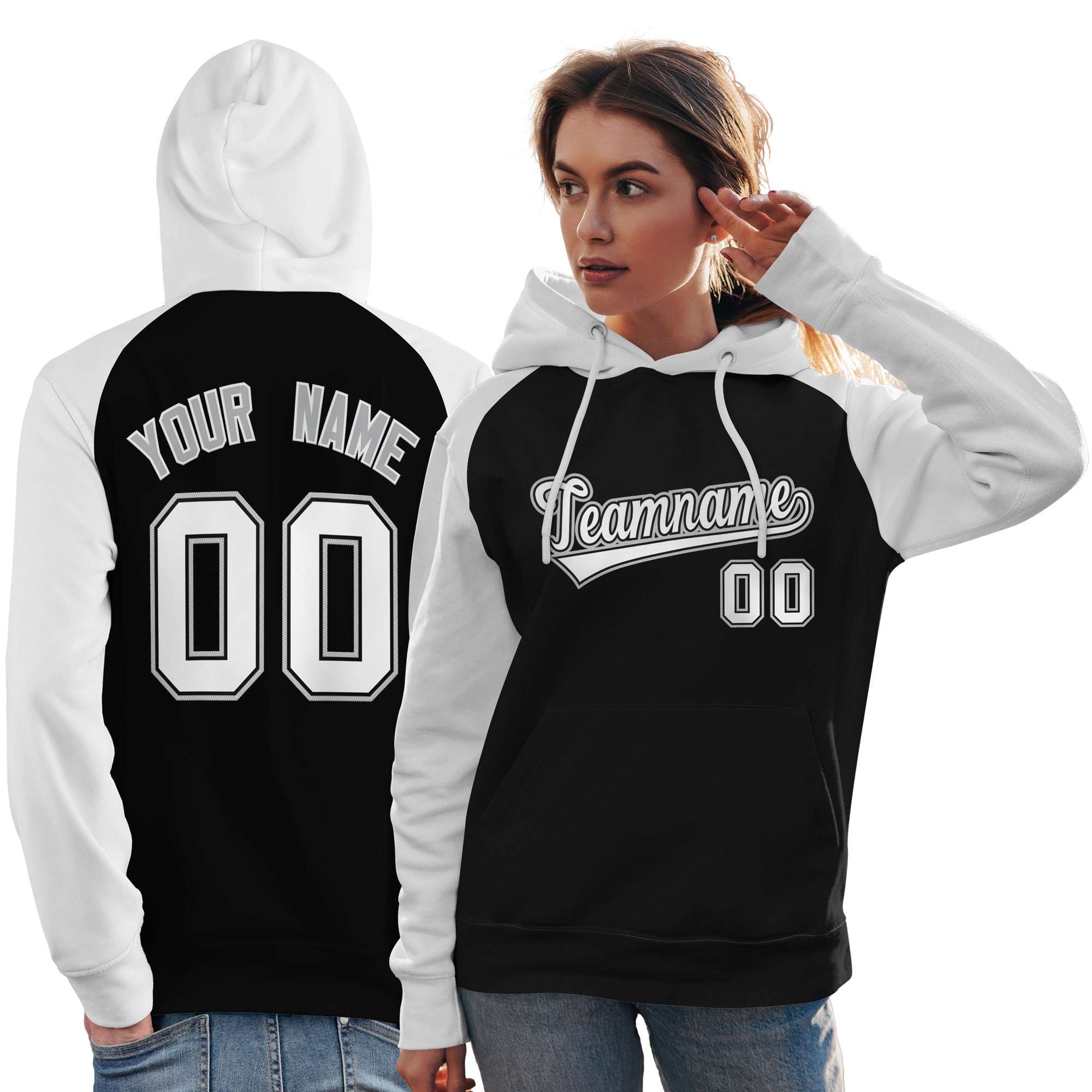 Custom Stitched Black White Raglan Sleeves Sports Pullover Sweatshirt Hoodie For Women