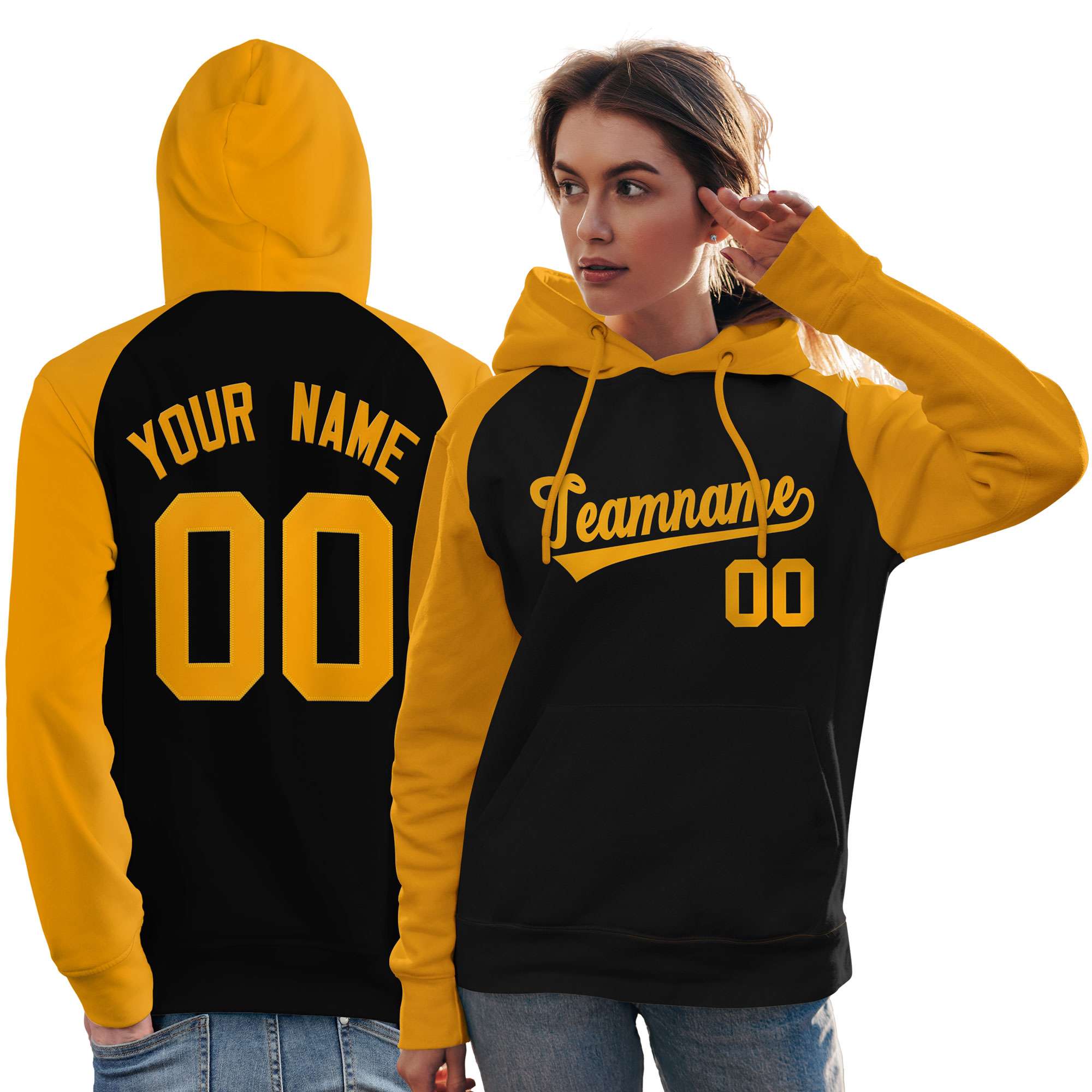 Custom Stitched Black Gold Raglan Sleeves Sports Pullover Sweatshirt Hoodie For Women