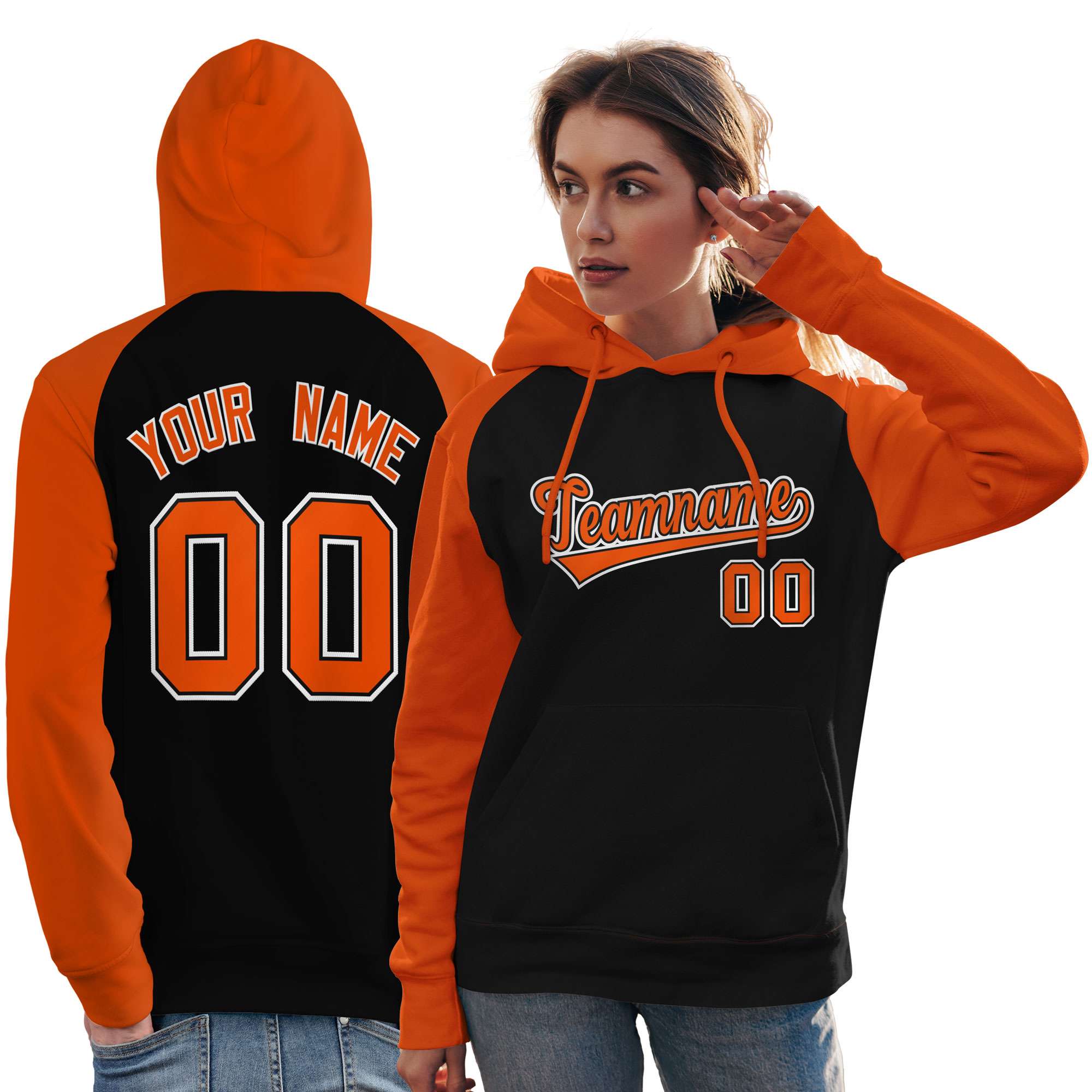 Custom Stitched Black Orange Raglan Sleeves Sports Pullover Sweatshirt Hoodie For Women