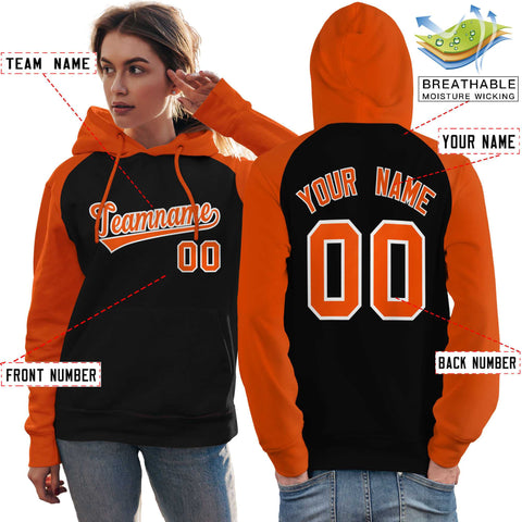 Custom Stitched Black Orange Raglan Sleeves Sports Pullover Sweatshirt Hoodie For Women