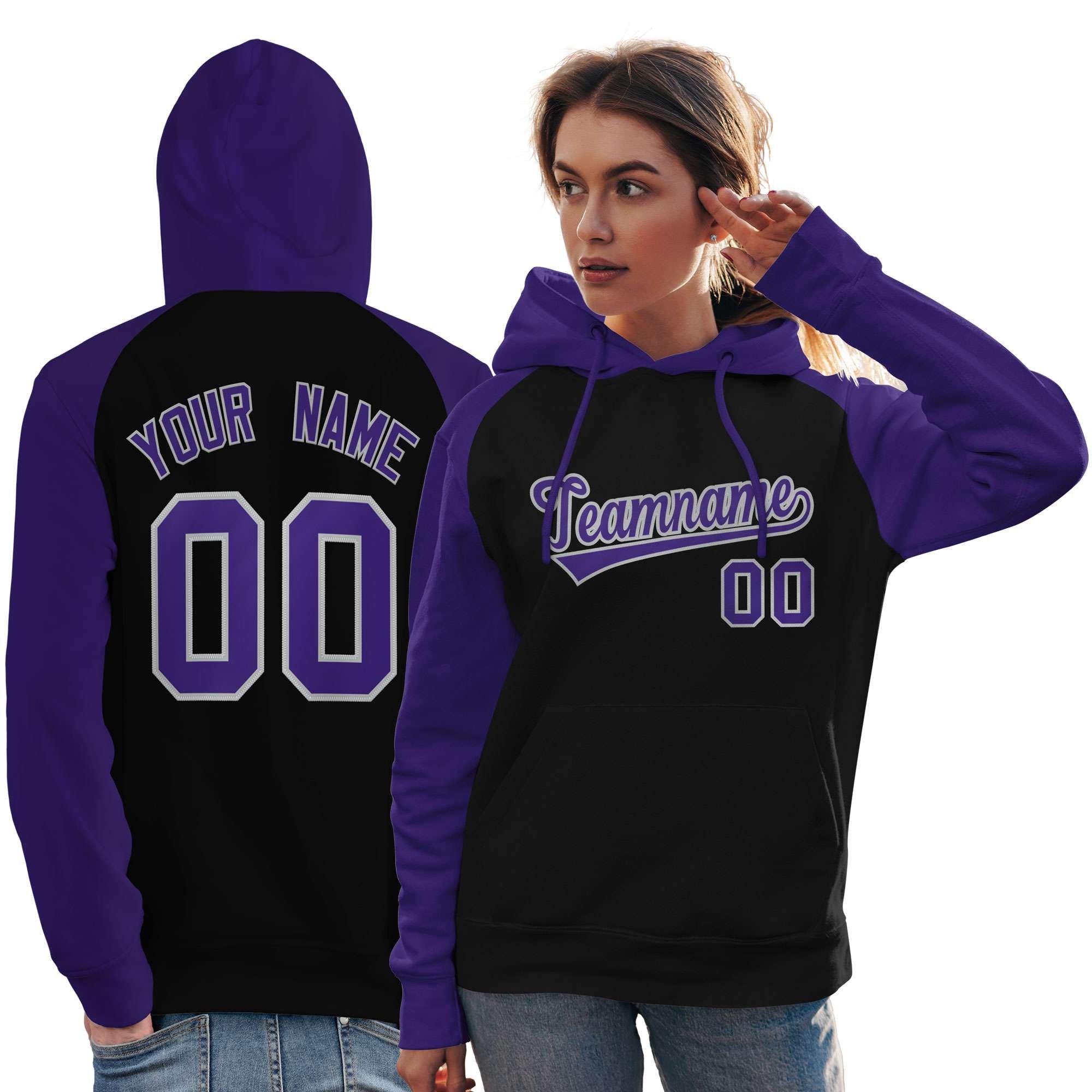 Custom Stitched Black Purple Raglan Sleeves Sports Pullover Sweatshirt Hoodie For Women