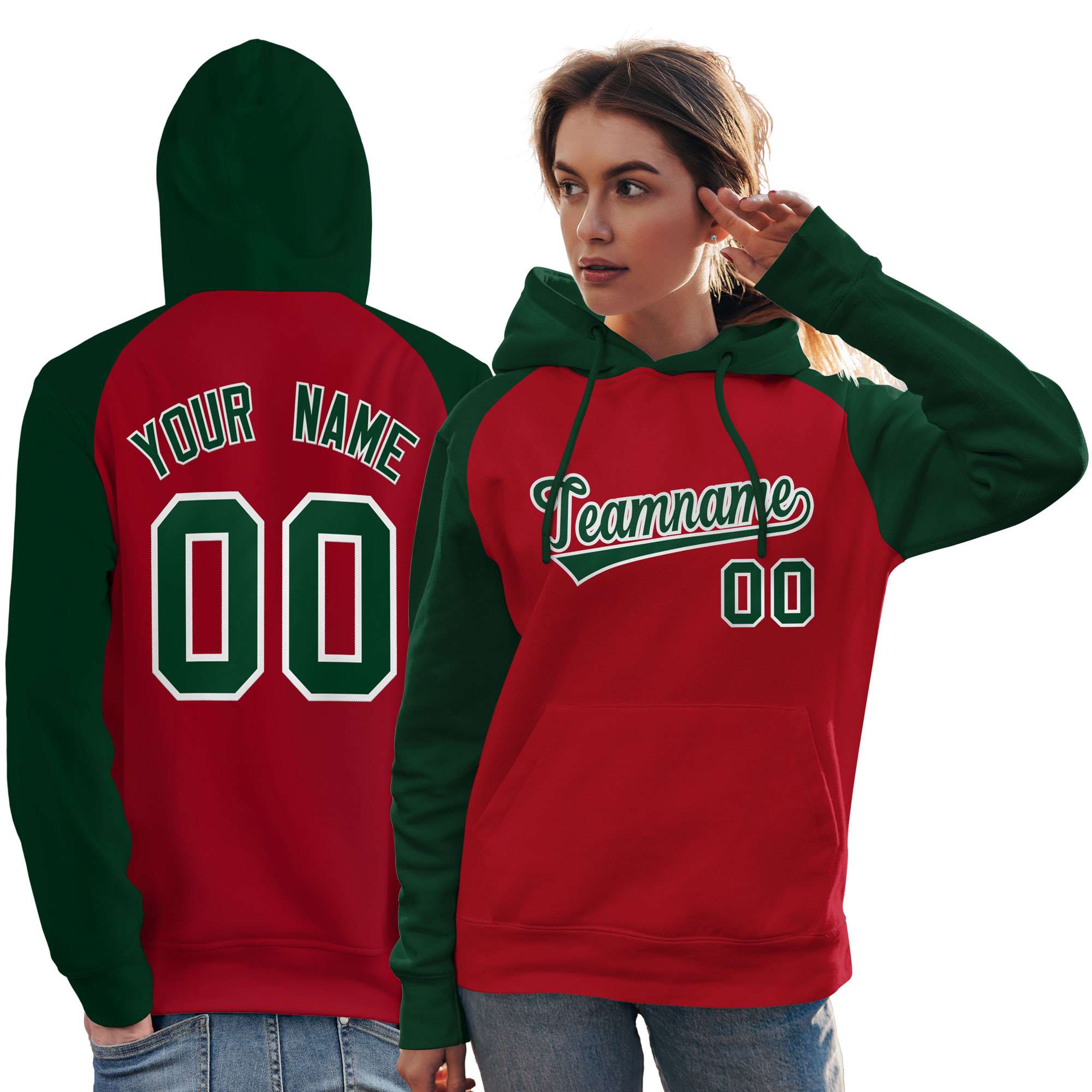 Custom Stitched Red Green Raglan Sleeves Sports Pullover Sweatshirt Hoodie For Women