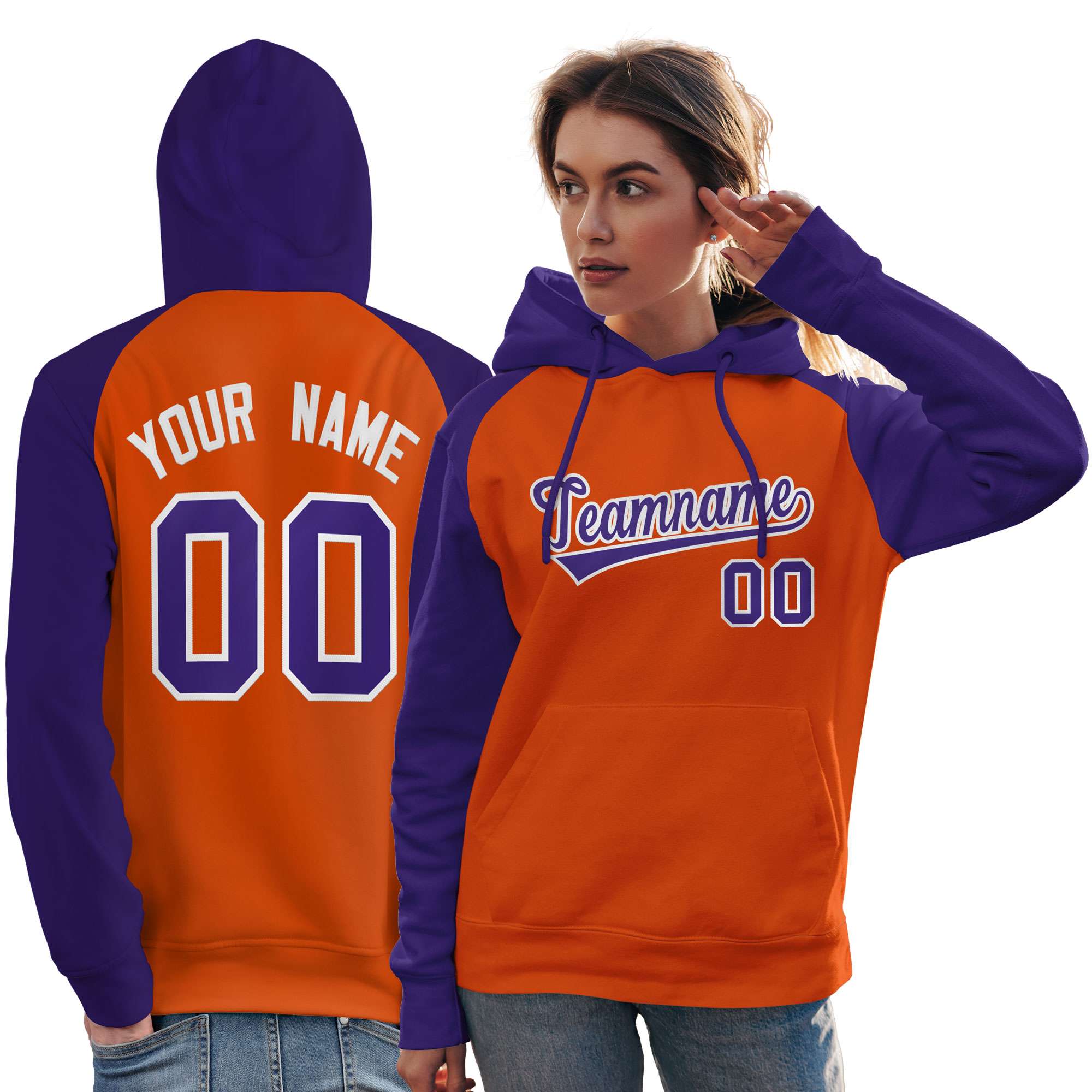 Custom Stitched Orange Purple Raglan Sleeves Sports Pullover Sweatshirt Hoodie For Women