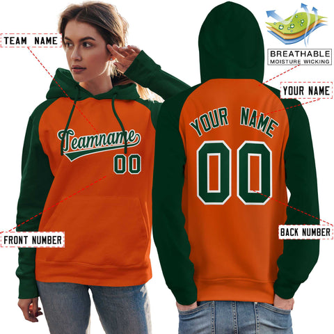 Custom Stitched Orange Green Raglan Sleeves Sports Pullover Sweatshirt Hoodie For Women