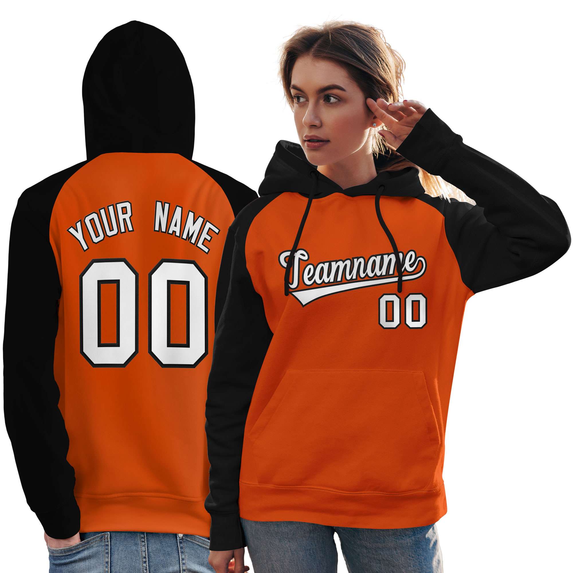 Custom Stitched Orange Black-White Raglan Sleeves Sports Pullover Sweatshirt Hoodie For Women