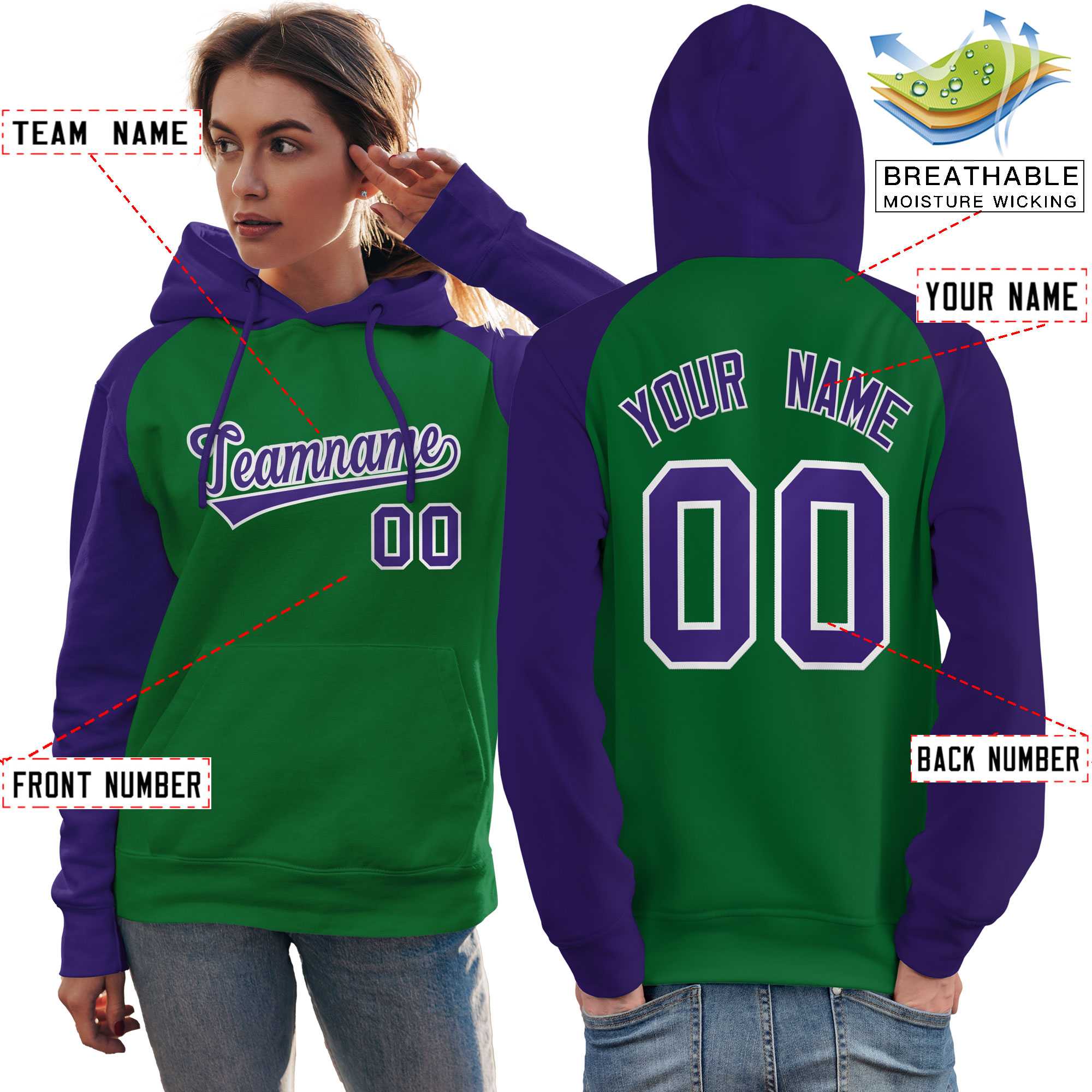 Custom Stitched Kelly Green Purple Raglan Sleeves Sports Pullover Sweatshirt Hoodie For Women