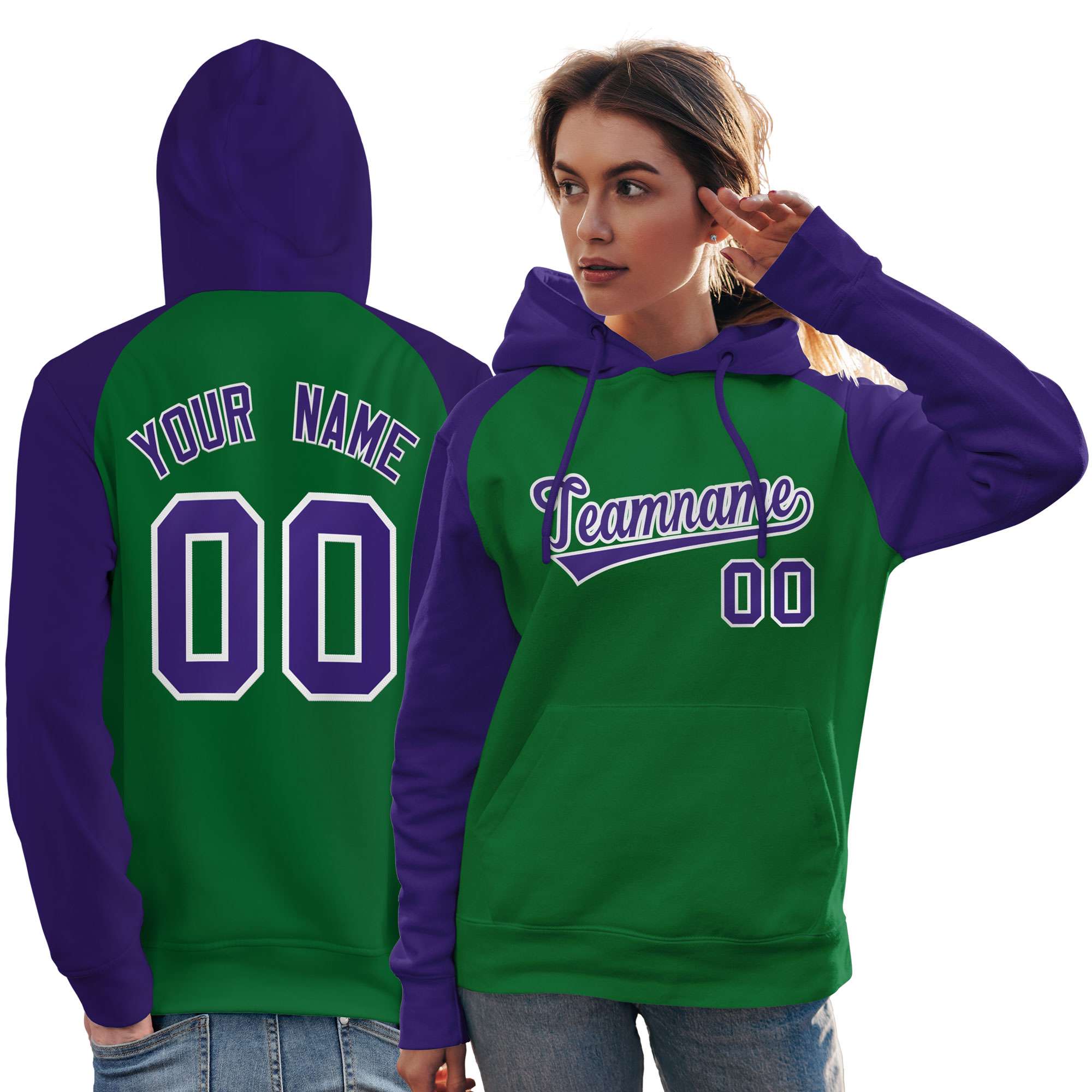 Custom Stitched Kelly Green Purple Raglan Sleeves Sports Pullover Sweatshirt Hoodie For Women