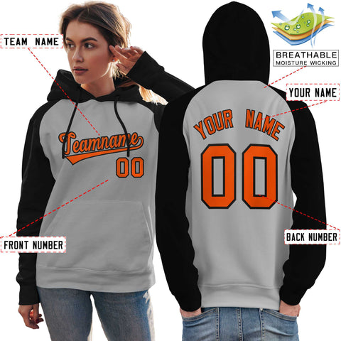 Custom Stitched Gray Black-Orange Raglan Sleeves Sports Pullover Sweatshirt Hoodie For Women